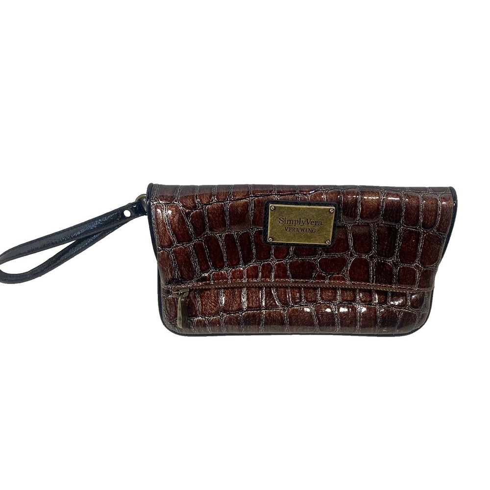 Vera Wang Simply Vera Clutch Wristlet Croc Embossed Brown 9x5 Snap Zip